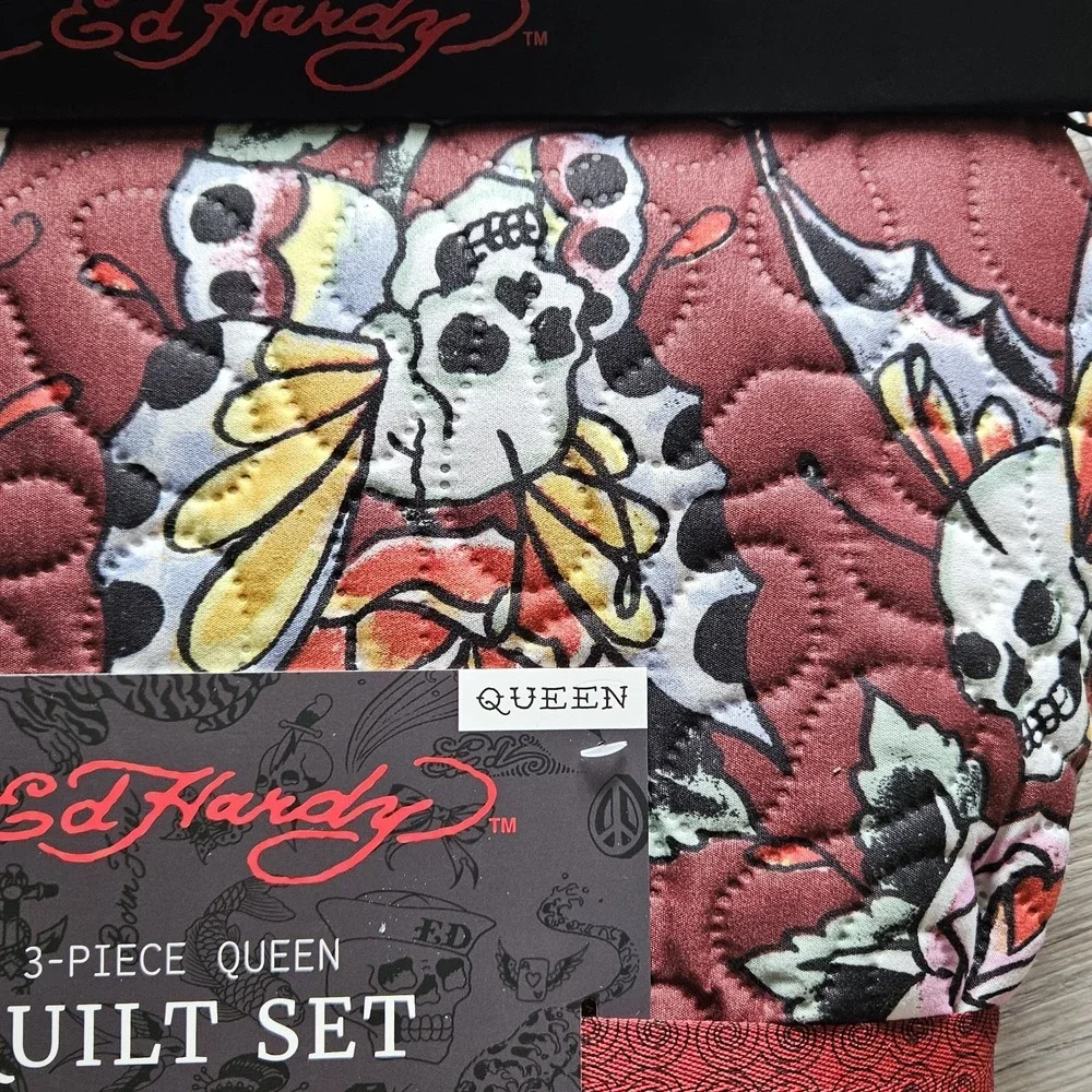 NWT Ed Hardy 3 Piece Quilt Set - Queen size Y2K Skulls Roses Goth Tattoo Flash